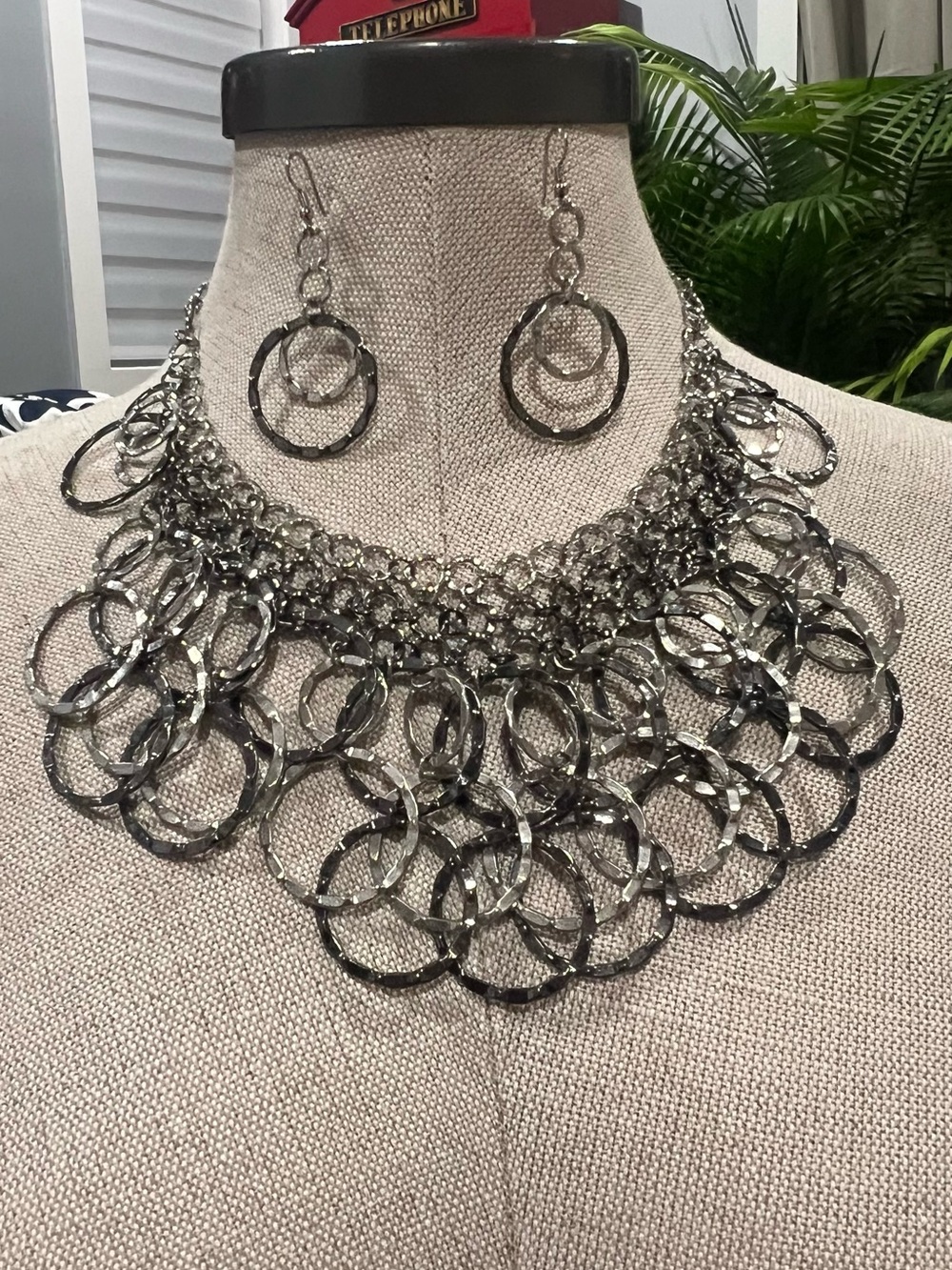 Statement Silver Tone Multi-Ring Bib Necklace with Matching Earrings